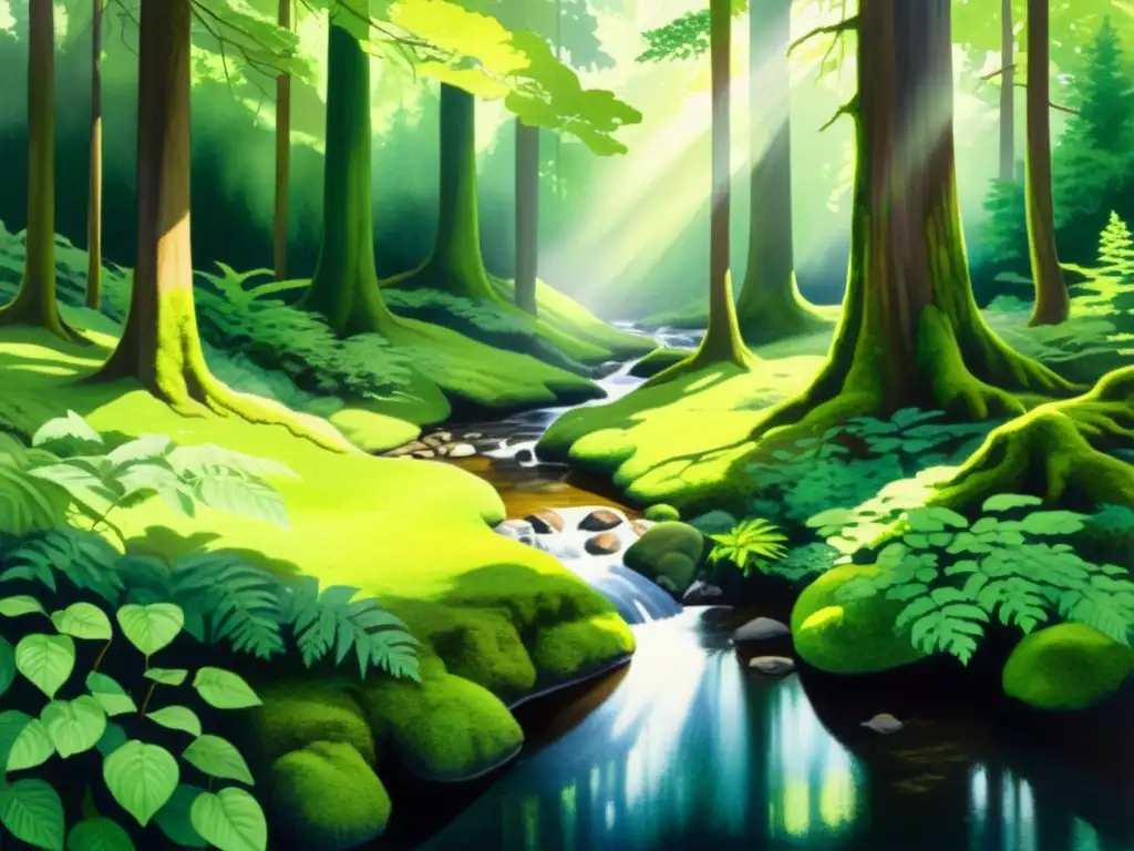 Bosque antiguo en acuarela: misterio y serenidad Un bosque antiguo y sereno con luz solar filtrándose a través del dosel verde