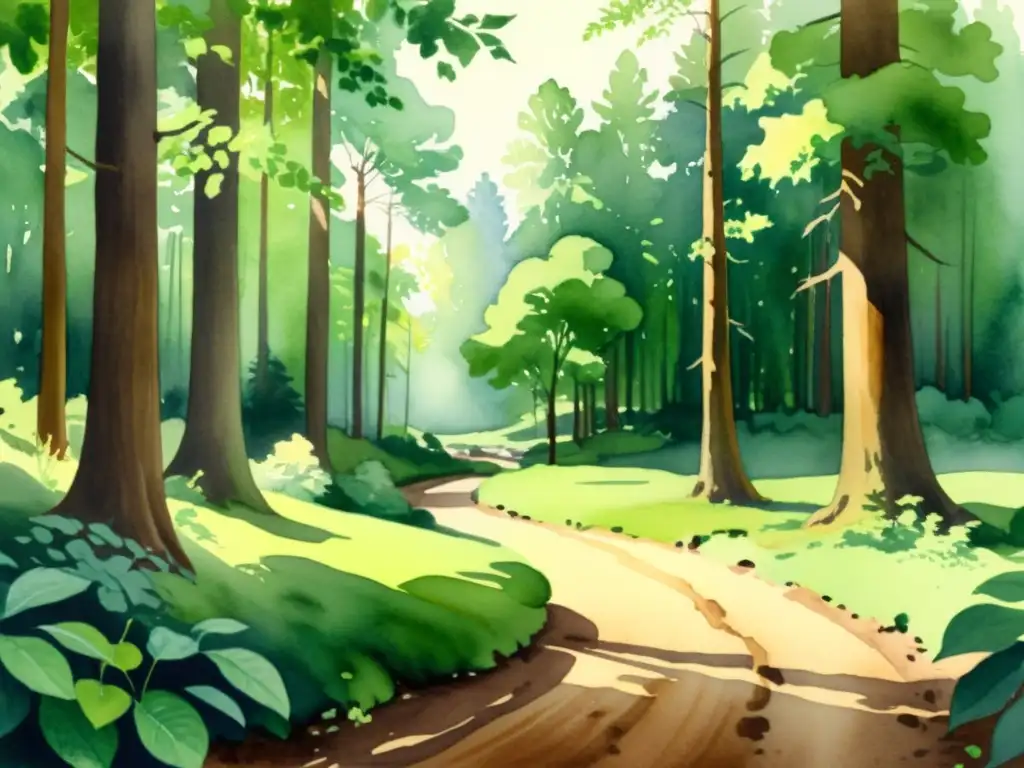 Bosque exuberante en acuarela: serenidad natural Un bosque exuberante se despliega con antiguos árboles y un arroyo sereno