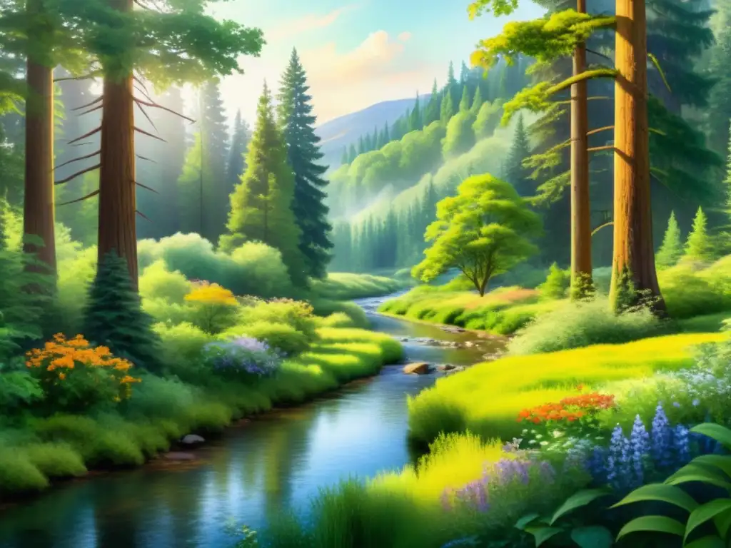 Bosque sereno: acuarela de naturaleza exuberante Un bosque exuberante y sereno con árboles altos, flores silvestres y un arroyo tranquilo