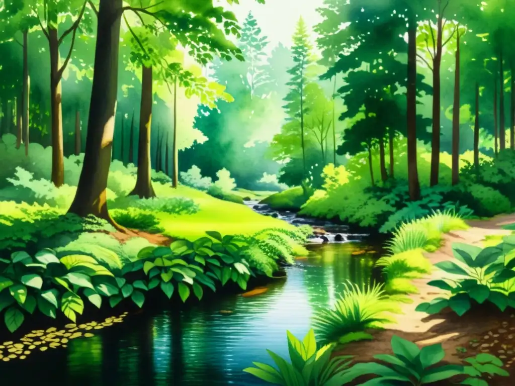 Bosque verde sereno: acuarela de luz y tranquilidad Un bosque exuberante y sereno con un arroyo