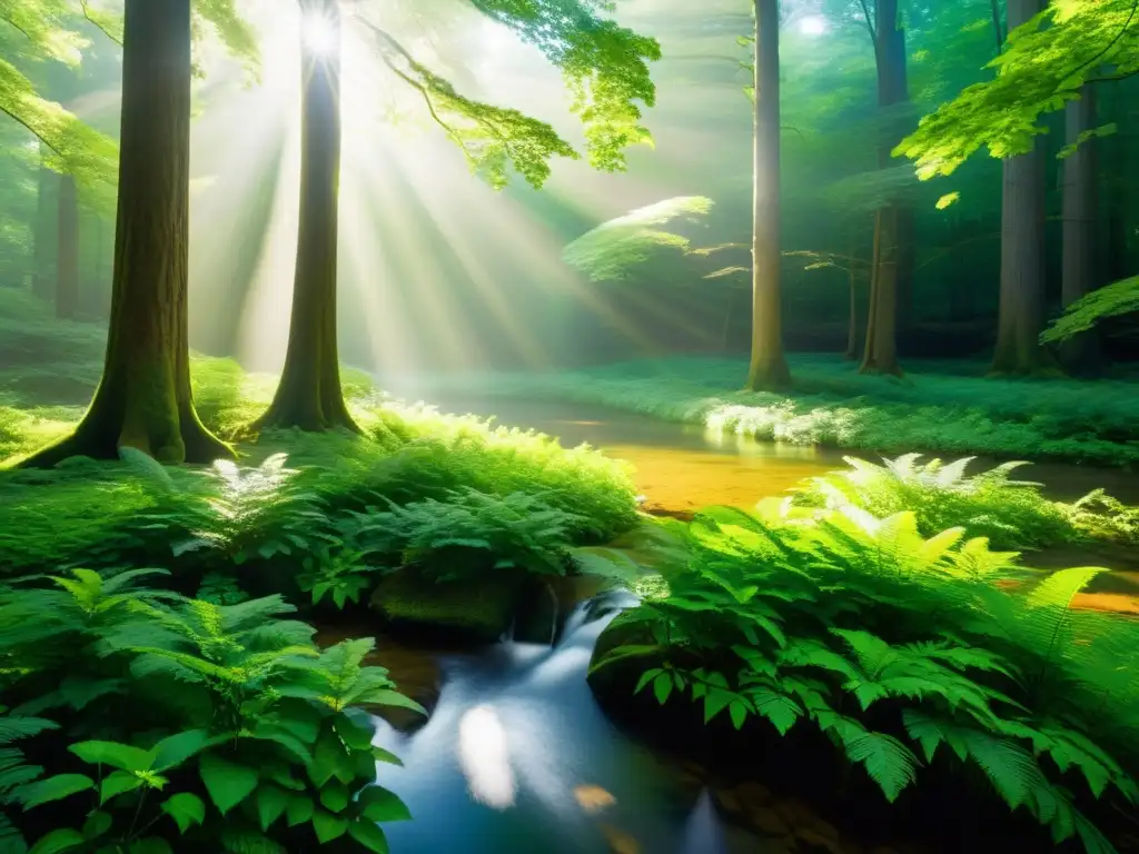 Bosque sereno: luz dorada y armonía natural Un bosque sereno con árboles majestuosos, luz dorada filtrándose y un arroyo cristalino, evocando retiro espiritual y introspección en la naturaleza
