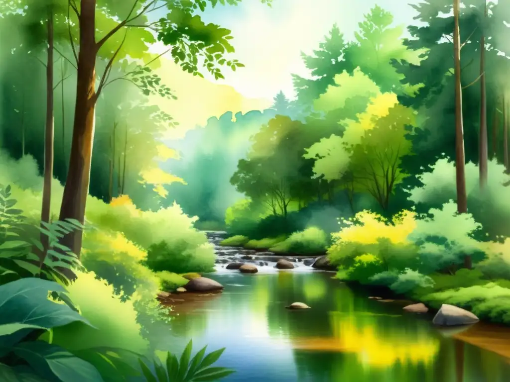 Un bosque sereno con árboles verdes y un arroyo, bañado por una luz dorada