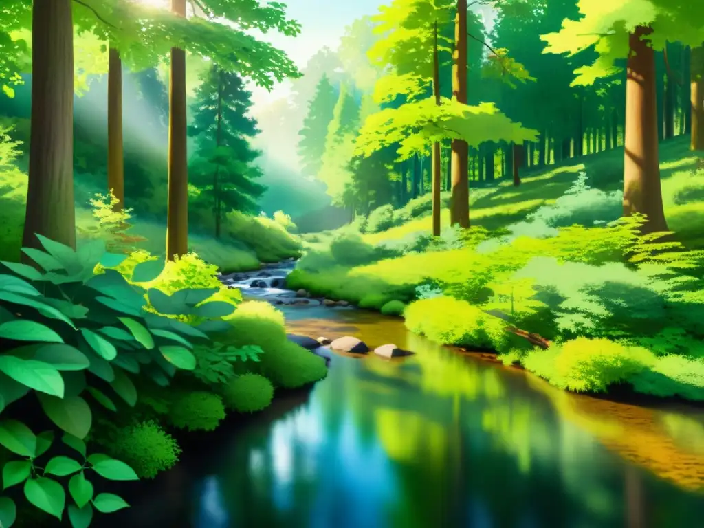 Pintura detallada de bosque sereno en acuarela Un bosque sereno con un arroyo, luz filtrándose entre el dosel y sombras en el suelo