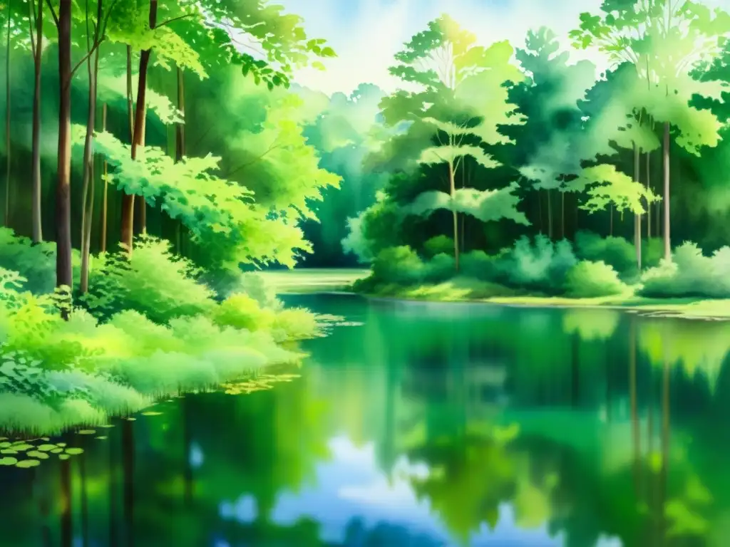 Bosque sereno: pintura acuarela de un claro tranquilo con estanque Un rincón de bosque sereno con un estanque tranquilo y frondoso, reflejando un paisaje de paz para retiros espirituales
