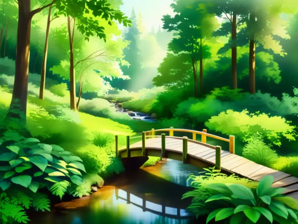 Un bosque sereno y exuberante con un arroyo tranquilo, puente de madera y luz filtrada, ideal para viajes de retiro espiritual con música