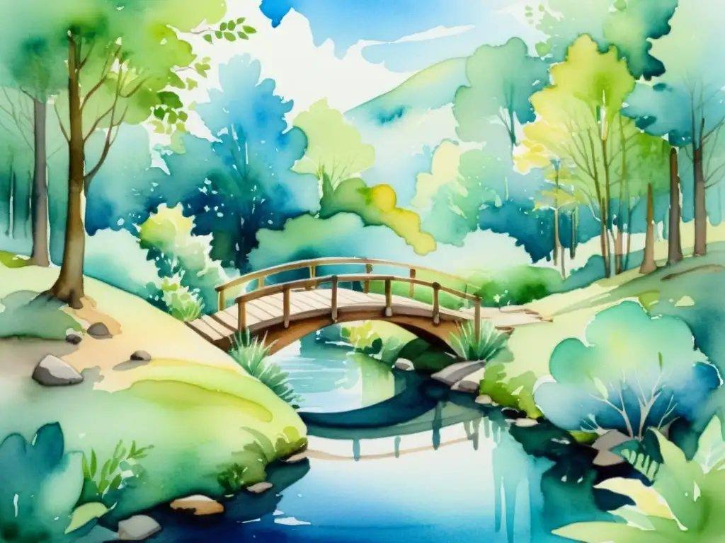 Armonía en el Bosque: Ilustración Acuarela de Meditación en la Naturaleza Un bosque sereno ilustrado en acuarela, con un arroyo, un puente de madera y una figura meditando