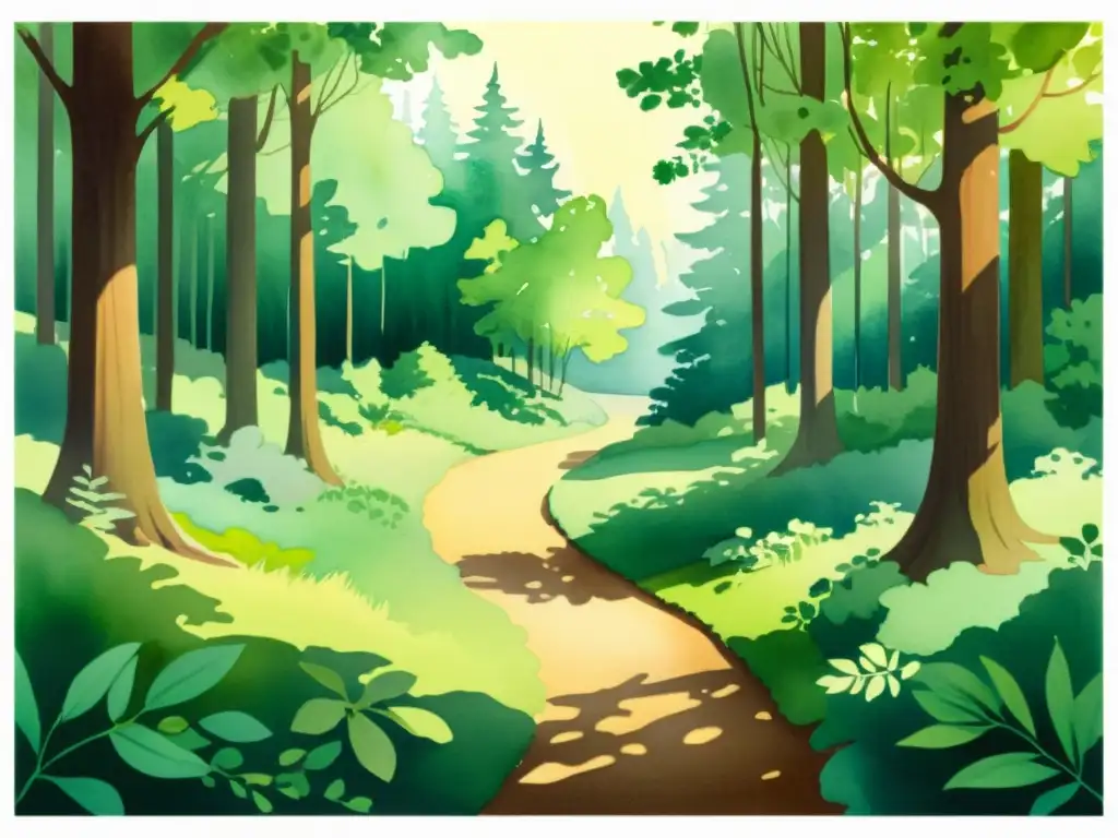 Bosque sereno: ilustración acuarela con luz y sombras Un bosque sereno con luz filtrada y sombras