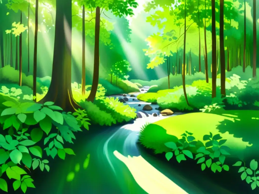 Bosque sereno: luz y armonía natural Bosque sereno con luz filtrándose entre las hojas y un arroyo