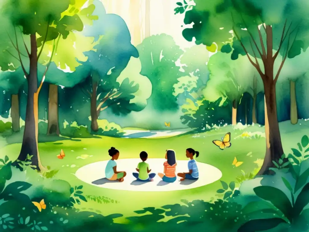 Mediación infantil en el bosque: ilustración acuarela Un bosque sereno con niños meditando en círculo
