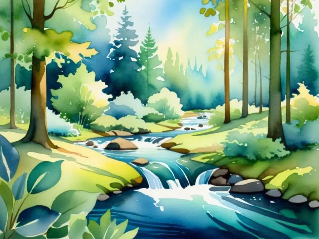 Cuadro acuarela: Bosque sereno con arroyo Bosque tranquilo con arroyo sereno, reflejos de luz y sombras
