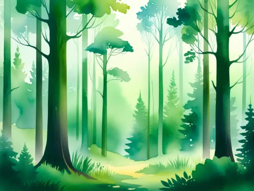 Bosque sereno: ilustración acuarela de tranquilidad y misterio Un bosque tranquilo y sereno envuelto en neblina, con árboles altos y hojas adornadas con rocío