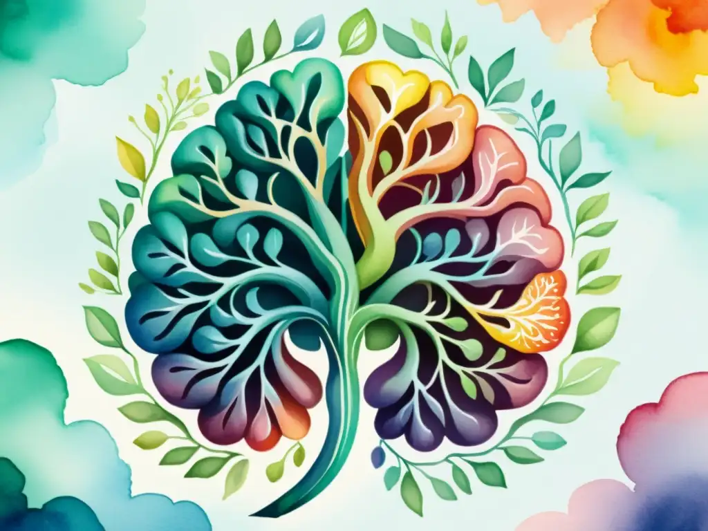 Ilustración relajante de un cerebro humano en acuarela Ilustración acuarela del cerebro humano con colores vibrantes y relajantes, capturando la respuesta biológica del mindfulness