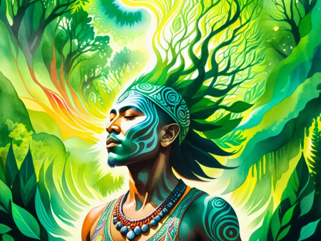 Chamán en la selva: pintura acuarela mística Un chamán en un bosque realiza un canto ceremonial, rodeado de energía etérea y patrones vibrantes