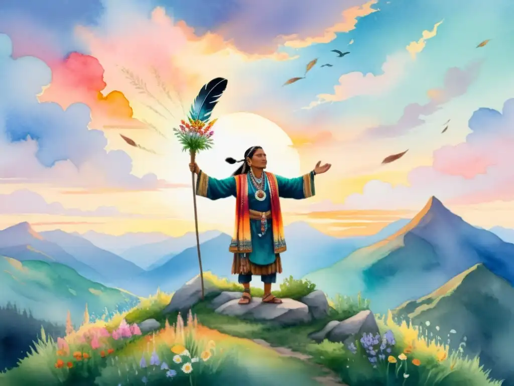 Chamán en la cima: pintura acuarela de serenidad Un chamán en la cima de la montaña rodeado de naturaleza exuberante y flores silvestres