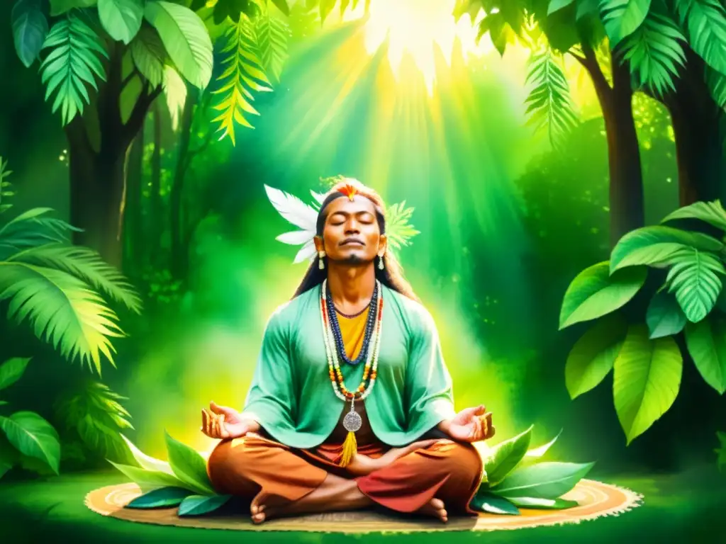 Retiro chamánico: meditación en la naturaleza Un chamán en meditación entre exuberante vegetación, bañado por la luz del sol