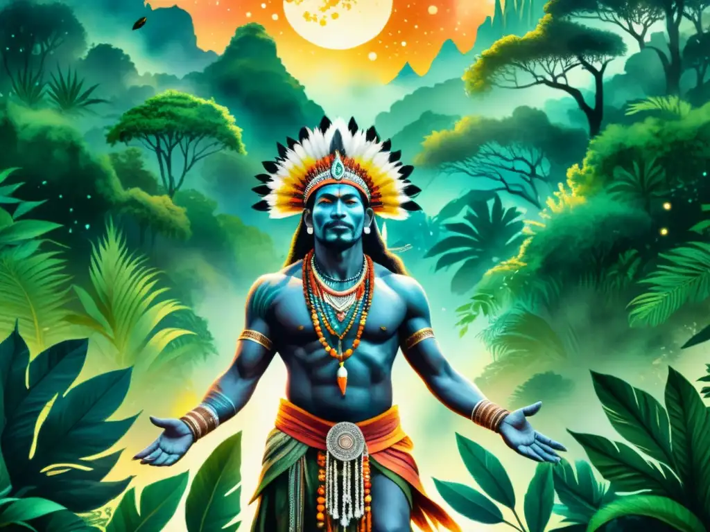Shamán guía a través de la selva mística al atardecer Un ilustración acuarela en 8k detalla un chamán liderando un grupo en una jungla mística al anochecer