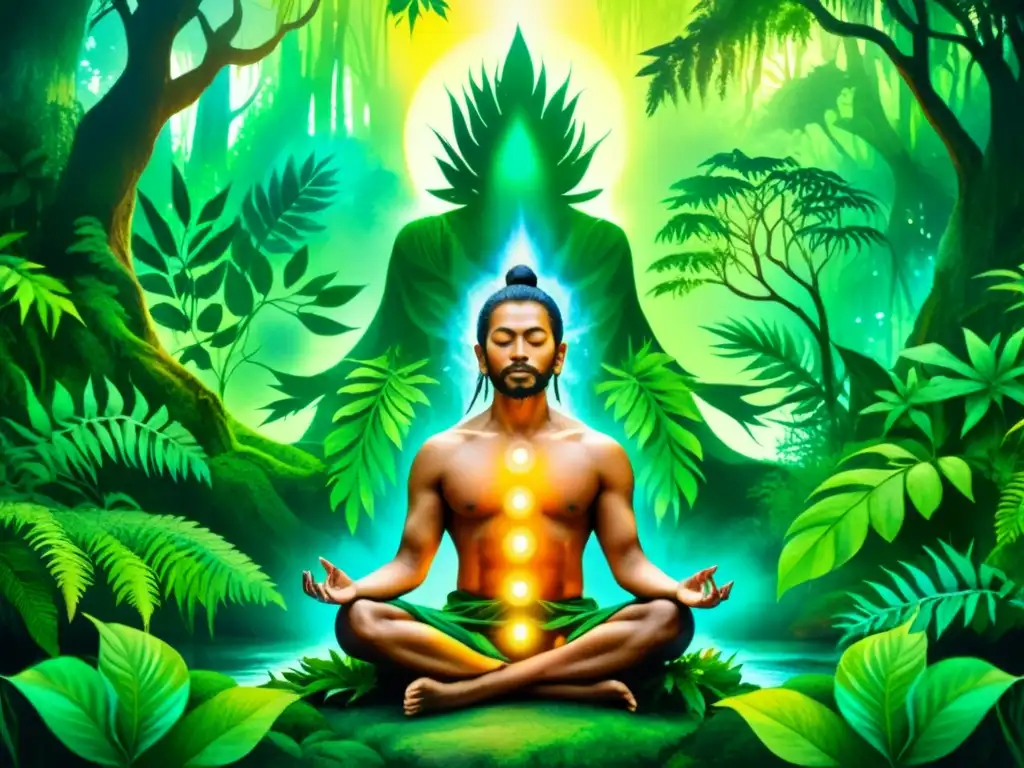 Shamán en meditación: acuarela mística de conexión espiritual Un ilustración acuarela de un chamán en meditación profunda en un bosque lluvioso, rodeado de espíritus vegetales vibrantes