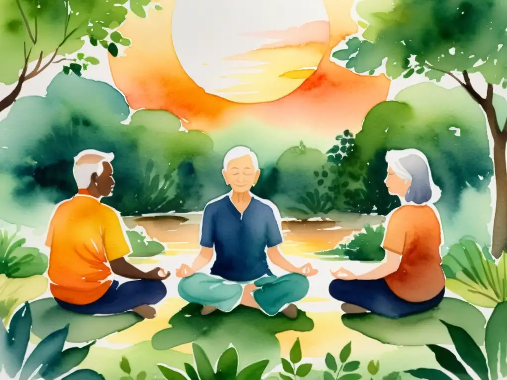 Retiro espiritual para el envejecimiento consciente en la naturaleza Un círculo de ancianos meditando en un entorno natural con un arroyo