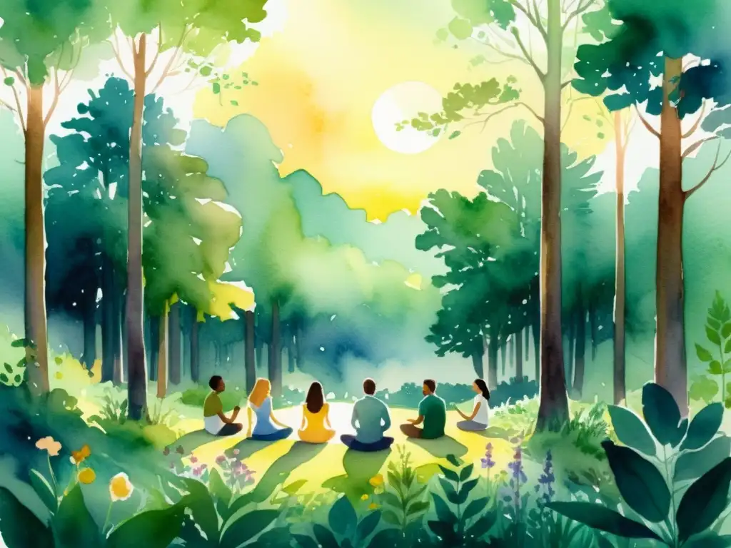 Mediación en el bosque al amanecer: conexión espiritual Un círculo de meditación en un claro del bosque durante el amanecer, donde se celebran retiros espirituales y equinoccios solsticios, rodeado de naturaleza exuberante y vida silvestre