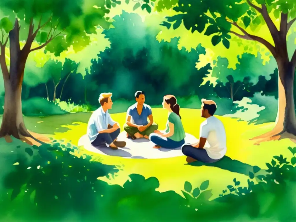 Círculo de meditación en la naturaleza: diálogo profundo Un círculo de personas en profunda conversación en un entorno natural y tranquilo, ideal para técnicas de liderazgo para retiros espirituales