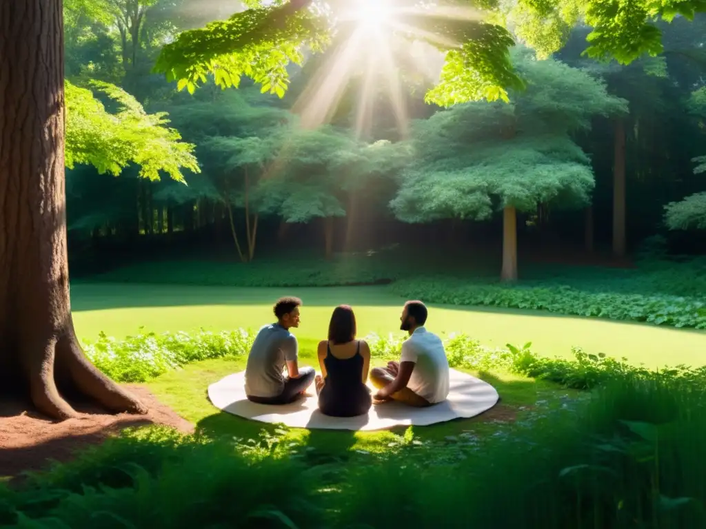 Conversaciones en el Bosque: Conexión y Reflexión Un círculo de personas en retiro en un claro de bosque, conectando en silencio