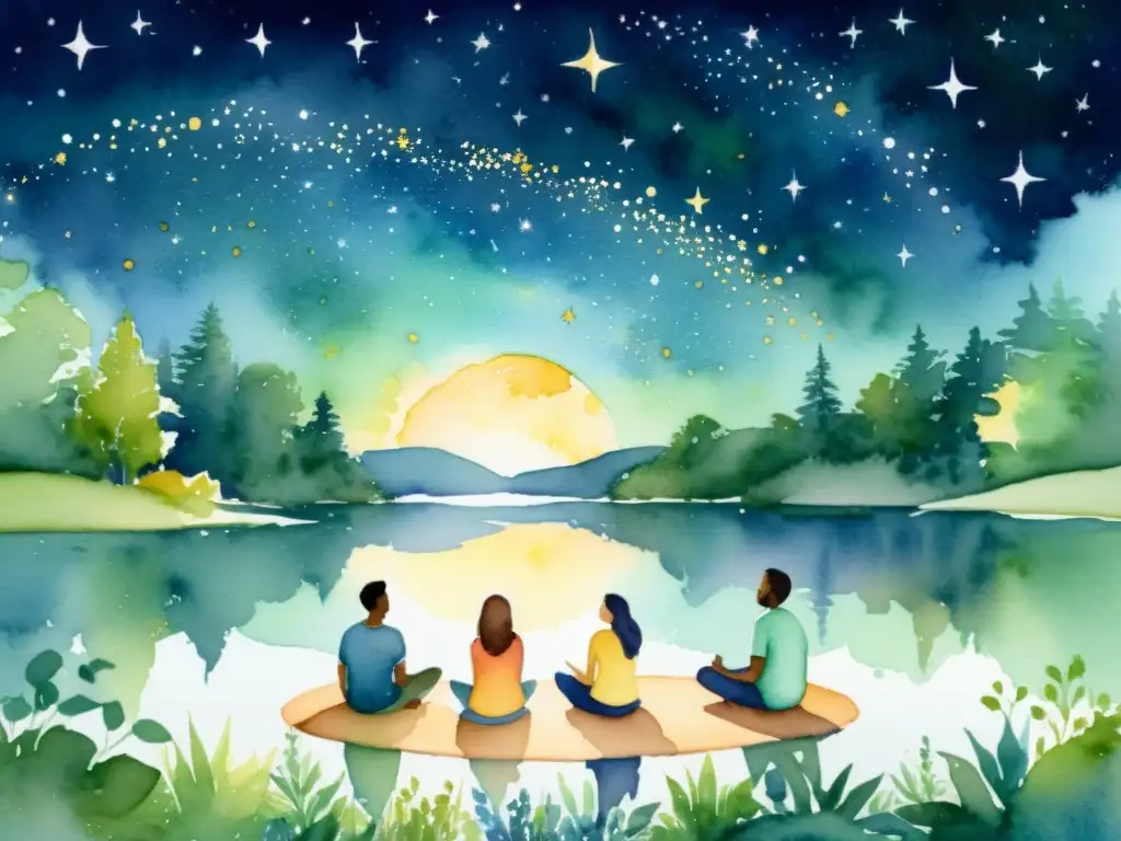 Un círculo de personas en retiro espiritual observa las estrellas sobre un lago, rodeados de naturaleza exuberante y serenidad