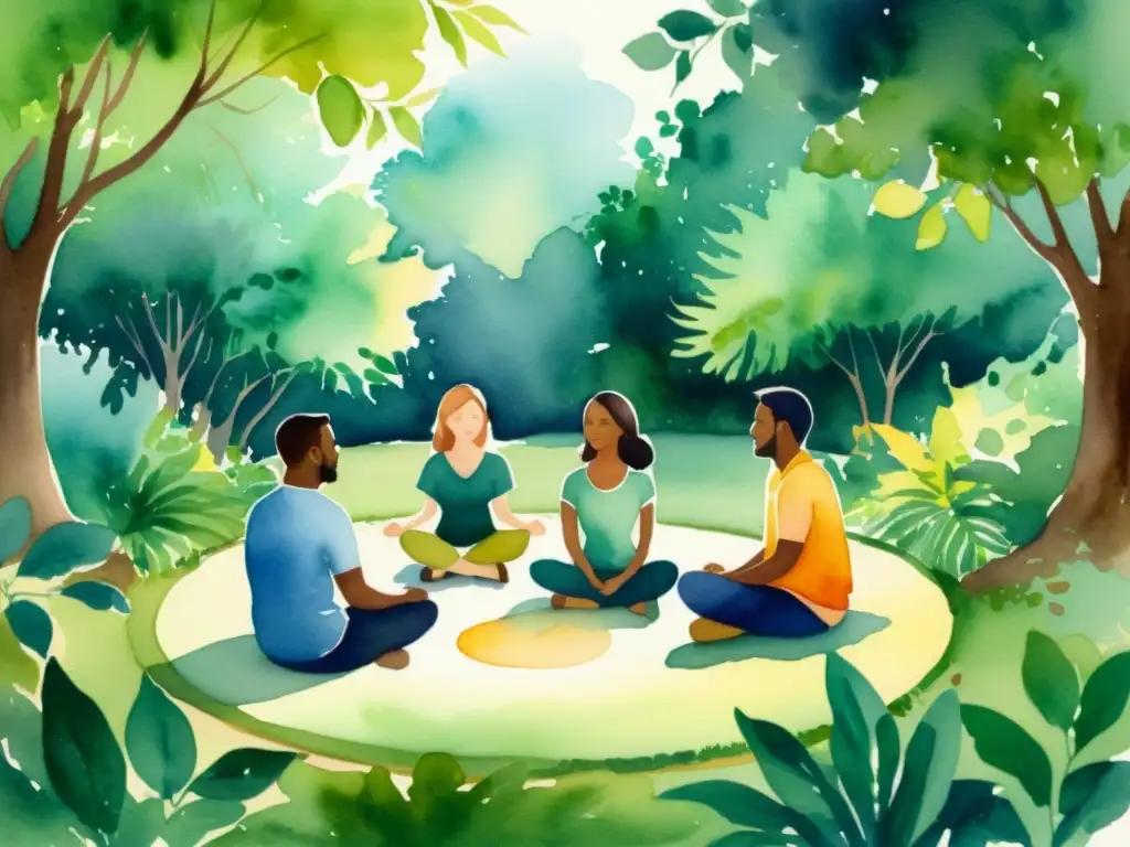 Un círculo de personas en un retiro espiritual con música, rodeado de naturaleza serena y luz cálida