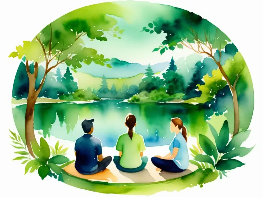 Profesionales en retiro espiritual: diálogo y conexión en la naturaleza Un círculo de profesionales en un retiro espiritual rodeado de naturaleza serena, fomentando la colaboración laboral