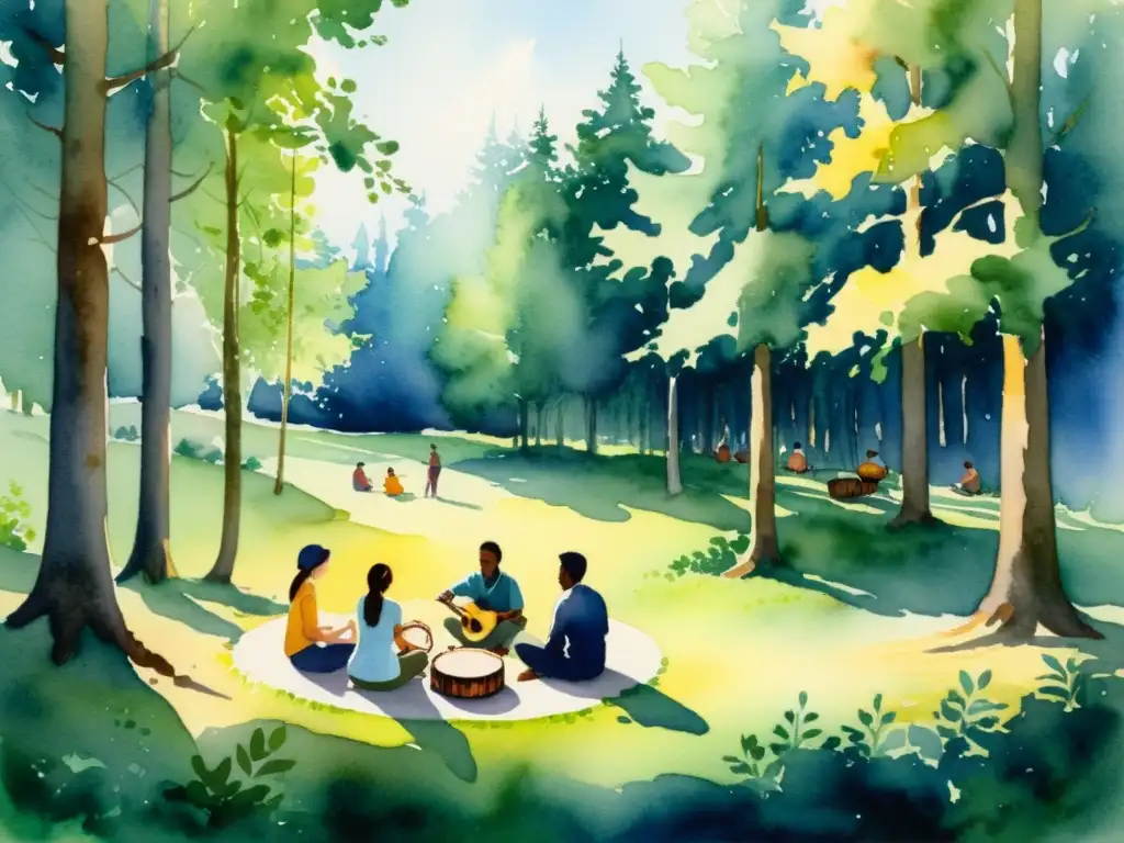 Reunión musical en el bosque: meditación y armonía Un círculo de meditación en el bosque con música y mindfulness en retiros espirituales