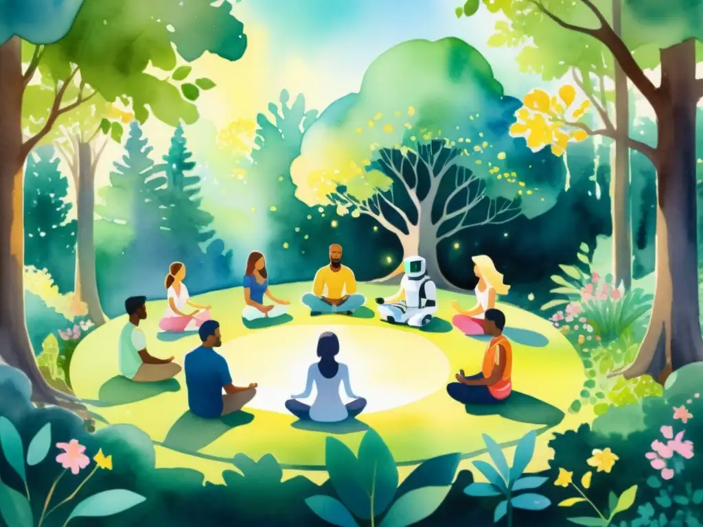 Robots meditando con personas en un claro del bosque Un círculo de meditación robótica en un claro del bosque: robots guiando una experiencia espiritual con luz suave y armonía