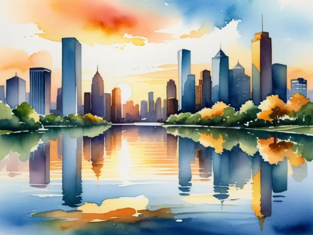 Paisaje urbano sereno al atardecer Una ciudad serena al atardecer, con rascacielos iluminados por el sol poniente