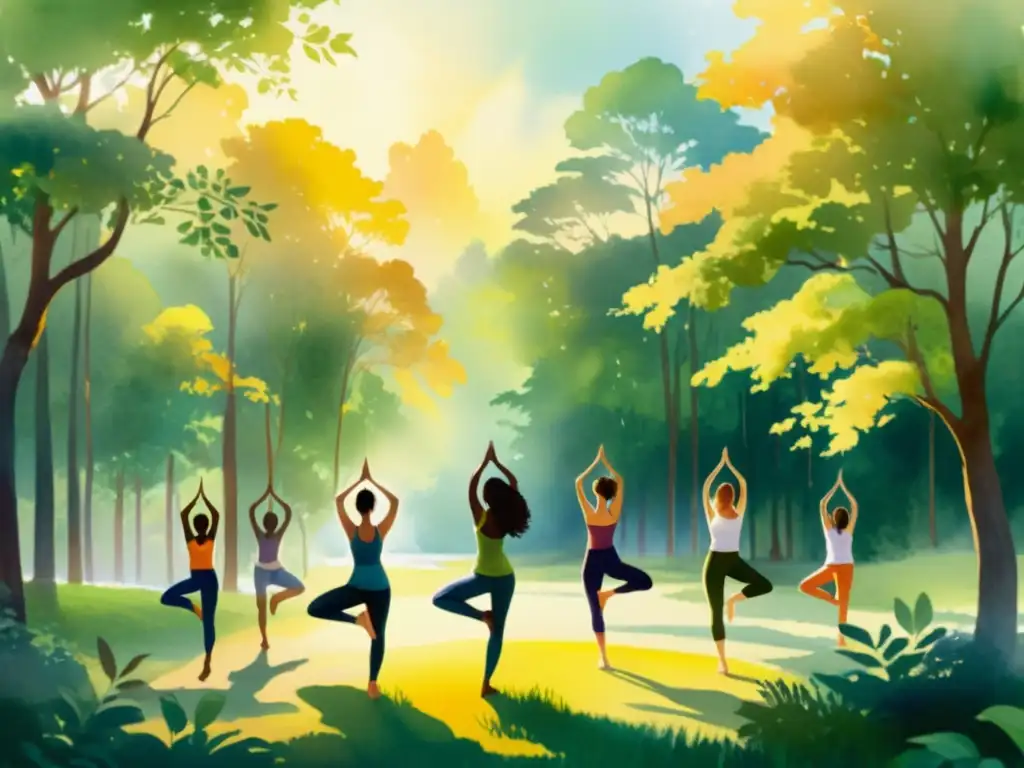 Un claro bosque exuberante bañado por cálida luz dorada, personas practican movimientos conscientes inspirados en danza y yoga