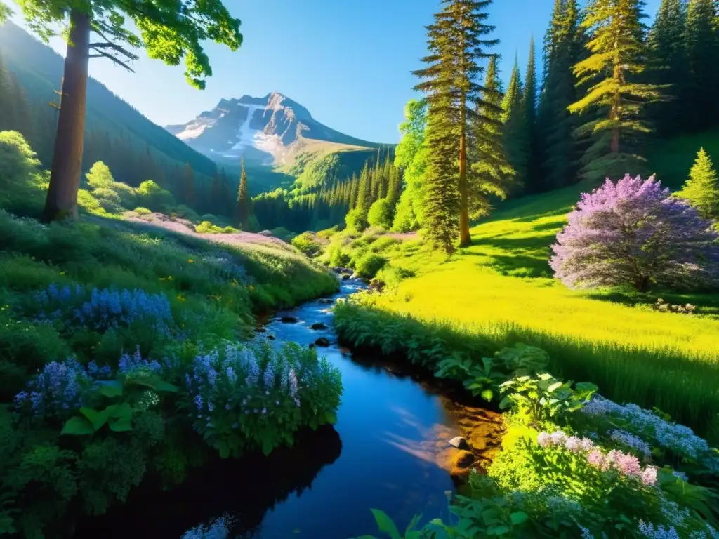 Paraíso natural: bosque sereno y montañas majestuosas Un claro de bosque sereno con arroyo y montañas al fondo