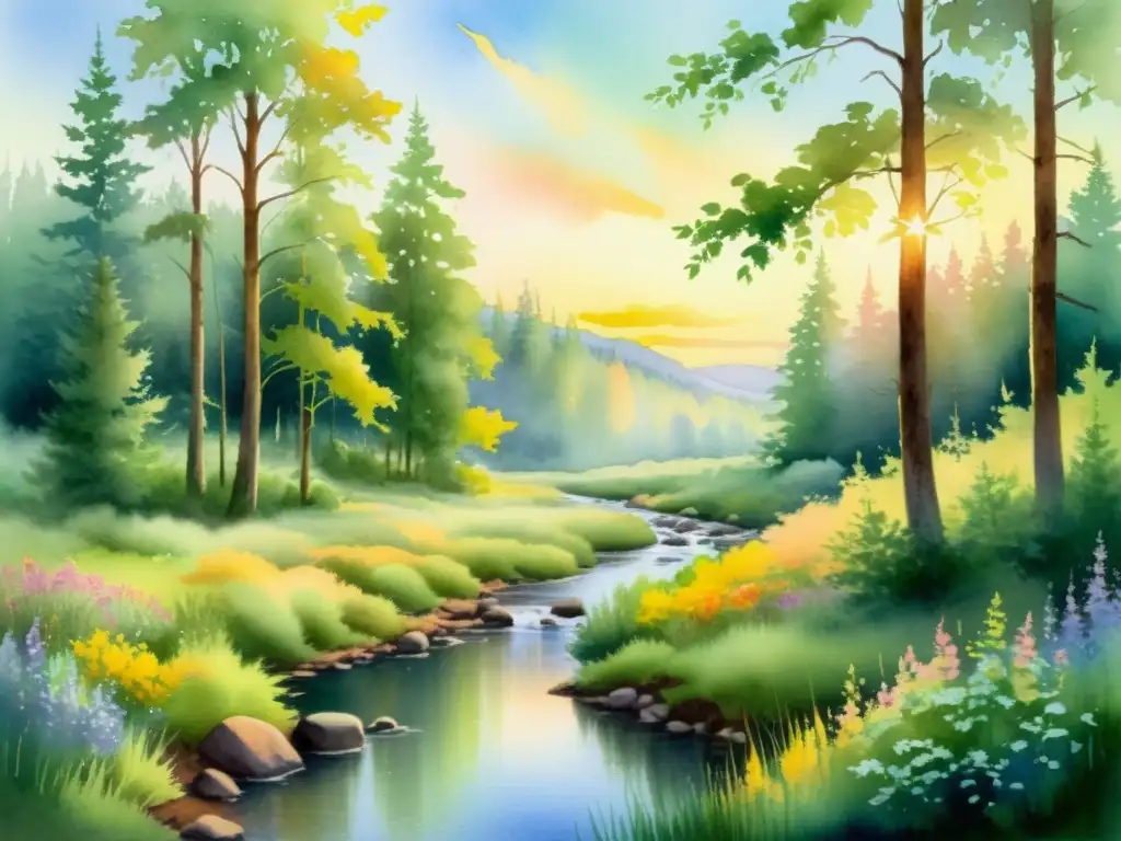 Atardecer sereno en un claro del bosque Un claro de bosque sereno bañado por la cálida luz del atardecer