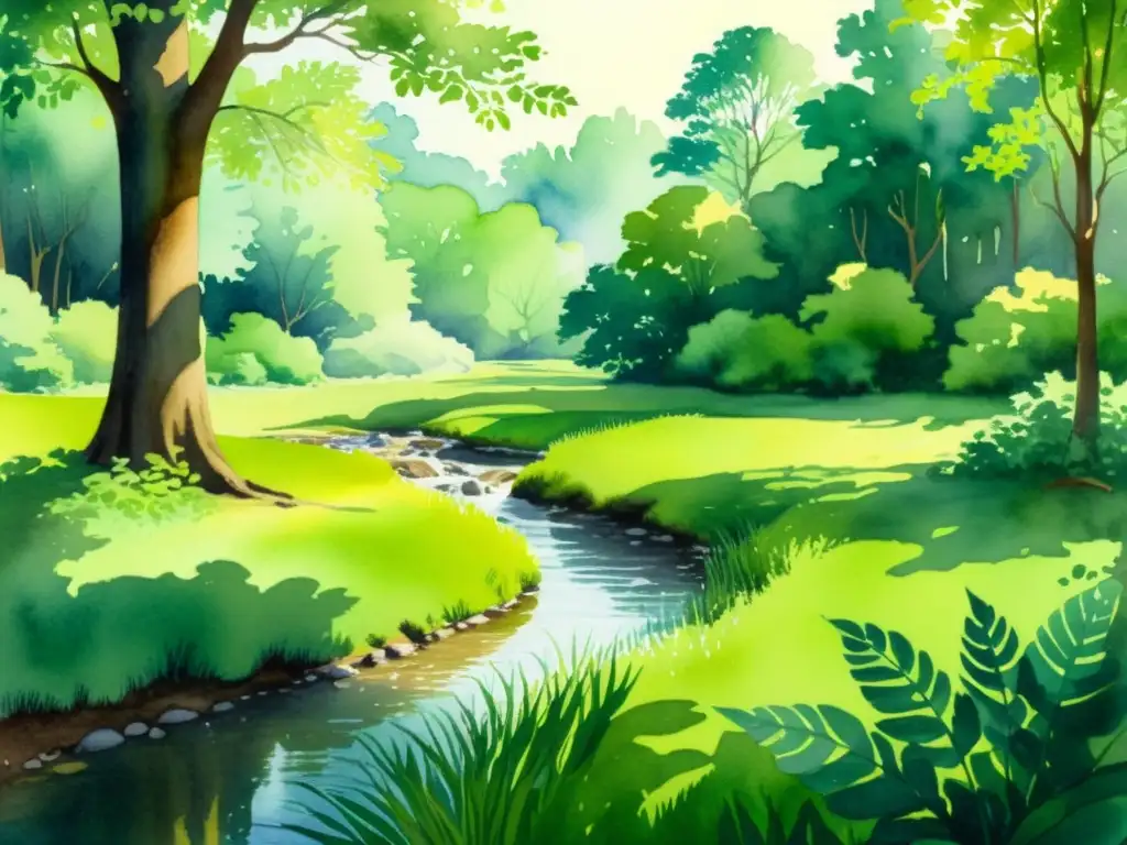 Bosque sereno: pintura acuarela de la naturaleza Un claro de bosque sereno, con luz filtrándose a través de la densa vegetación