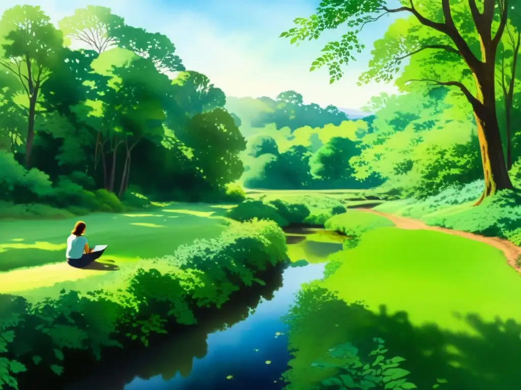 Un claro de bosque sereno con luz filtrada, un arroyo tranquilo y una figura en meditación