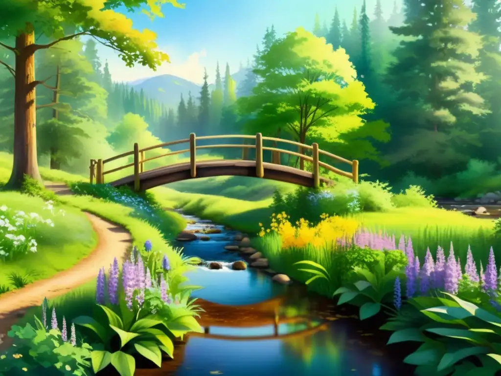 Bosque sereno con arroyo y puente de madera Un claro de bosque sereno y soleado con un arroyo que serpentea suavemente