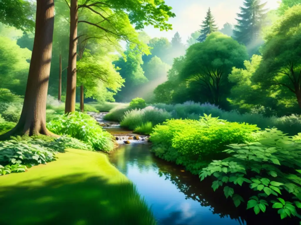 Un claro de bosque sereno y tranquilo con árboles verdes exuberantes y un arroyo suave
