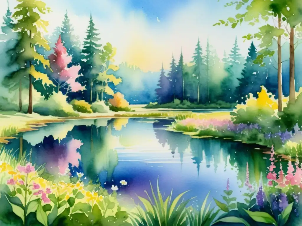 Bosque Sereno: Acuarela de Paz Natural Un claro de bosque tranquilo con un estanque sereno rodeado de flores silvestres
