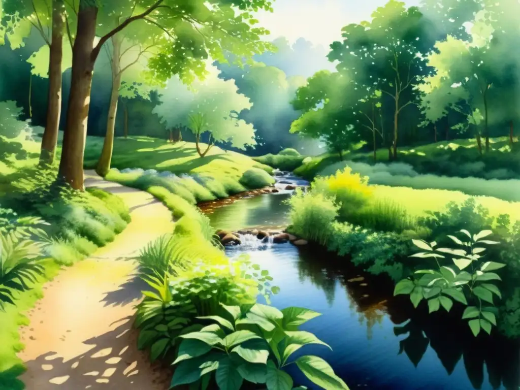 Bosque sereno: Acuarela de paz y armonía en la naturaleza Un claro de bosque tranquilo y sosegado, con un arroyo serpenteante y la luz del sol filtrándose entre las hojas