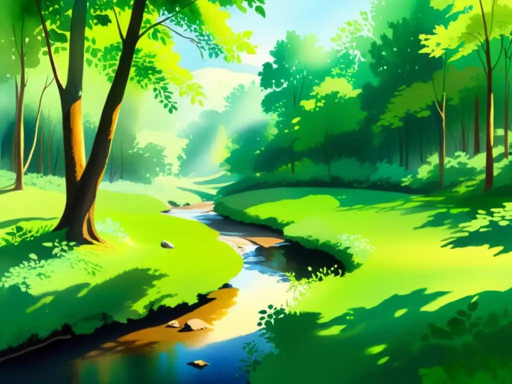 Claro Bosque: Paz y Belleza en la Naturaleza Un claro sereno en el bosque, iluminado por el sol entre el frondoso dosel, con un arroyo y aves coloridas