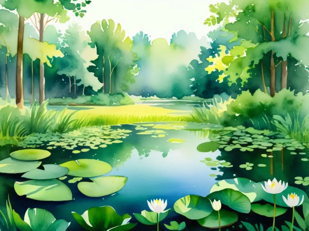 Bosque sereno: ilustración acuarela de un claro tranquilo con estanque Un claro tranquilo en el bosque con un estanque y lirios de agua