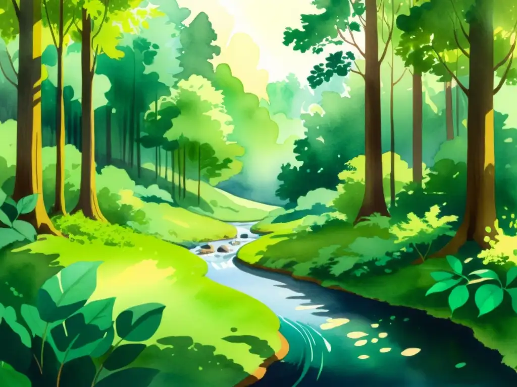 Bosque sereno en acuarela: luz y tranquilidad natural Consciencia ambiental y mindfulness: Hermoso bosque verde iluminado por el sol, con un arroyo sereno