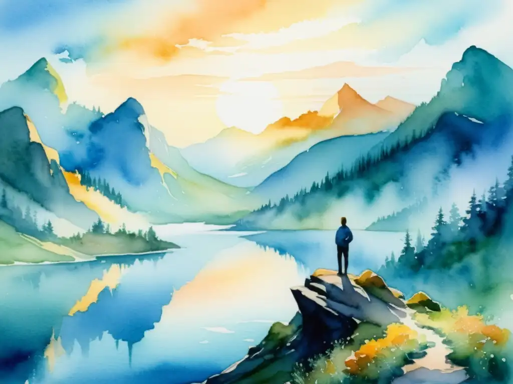 Pintura acuarela: figura solitaria contempla atardecer sobre lago Cuadro acuarela: figura contempla atardecer sobre lago, montañas