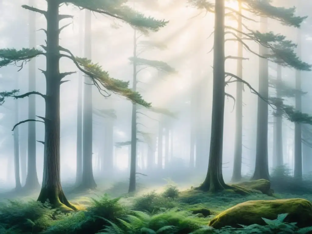 Bosque místico al amanecer: acuarela serena Cuadro de acuarela de un bosque neblinoso al amanecer, ideal para retiros espirituales de silencio ancestral