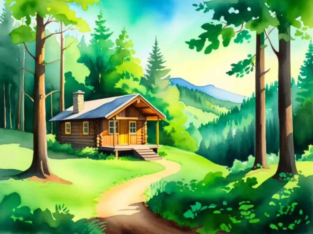 Bosque sereno: cabina entre árboles Cuadro acuarela de un bosque sereno, con cabaña entre árboles