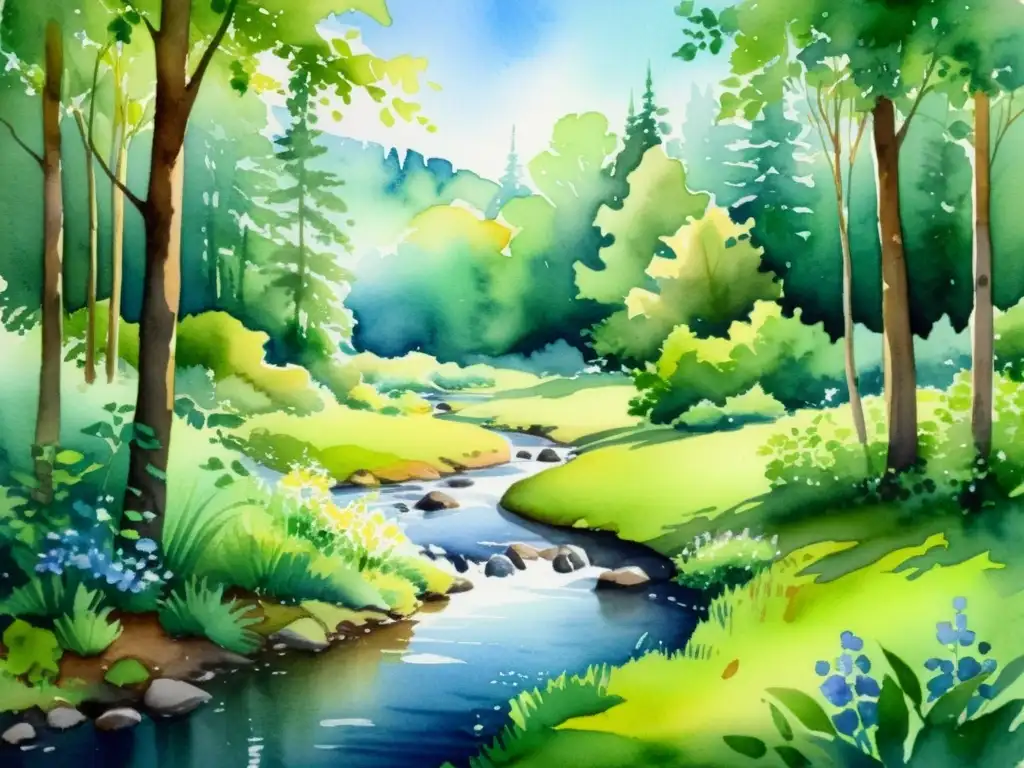 Bosque tranquilo: acuarela serena de la naturaleza Cuadro acuarela de un bosque sereno y exuberante, con luz solar filtrándose entre las hojas y creando sombras moteadas