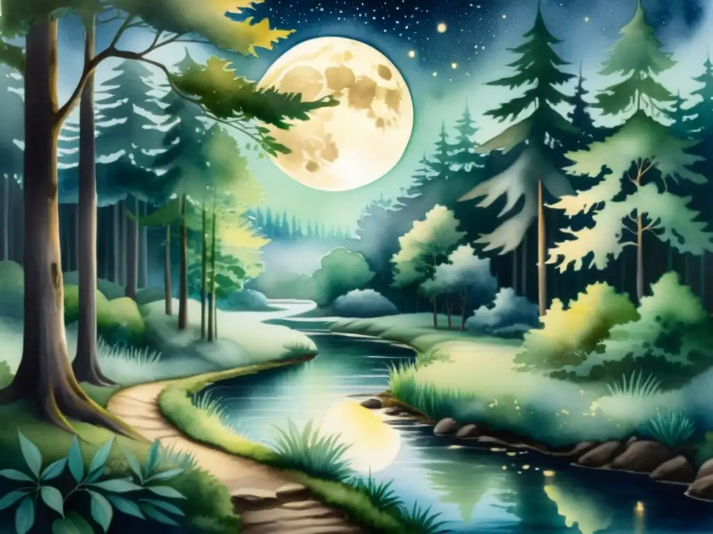 Cuadro acuarela de un bosque sereno bajo la luna Cuadro acuarela de un bosque sereno iluminado por la luna, con un arroyo tranquilo