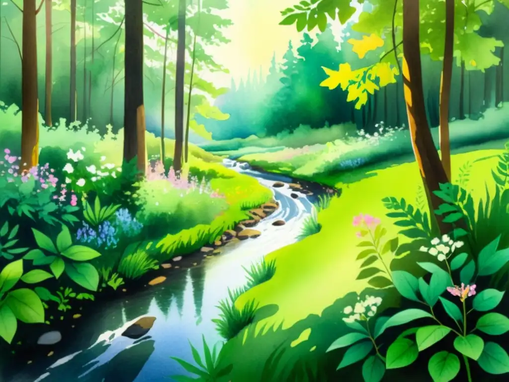 Bosque sereno: acuarela de la naturaleza exuberante Cuadro en acuarela de un frondoso bosque con luz solar entre las hojas y un arroyo