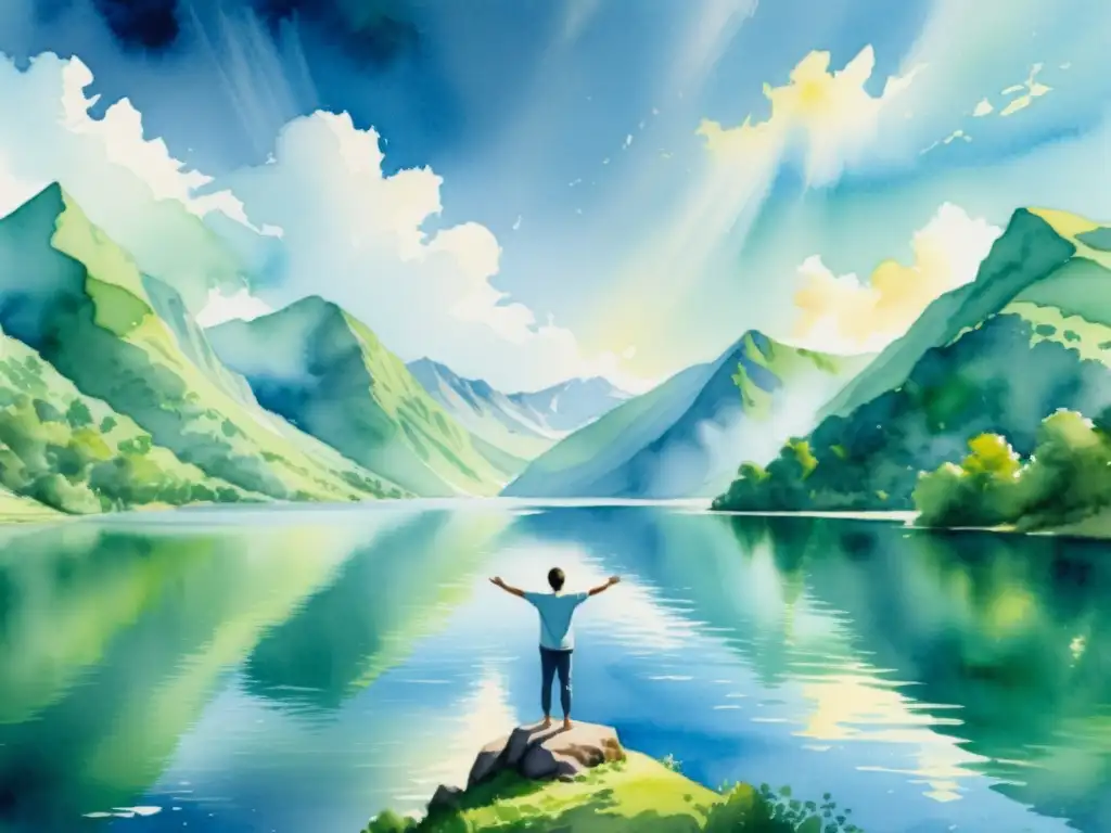 Armonía en la naturaleza: pintura ultradetallada de un ser en paz Cuadro en acuarela 8k: figura en lago sereno rodeada de montañas verdes y cielo azul, transmitiendo paz interior y renovación espiritual